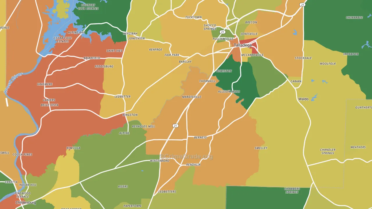 Talladega County, AL Map of Assault Rates