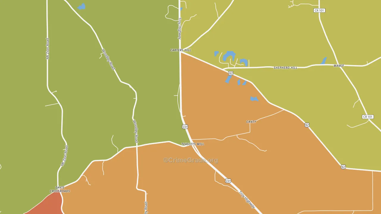 Teasleys Mill, AL Map of Assault Rates