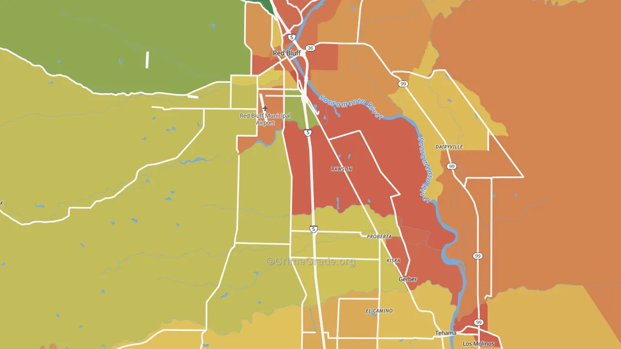 Tehama County, CA Map of Assault Rates