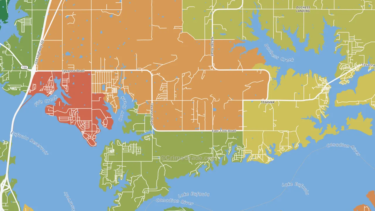 Texanna, OK Map of Assault Rates