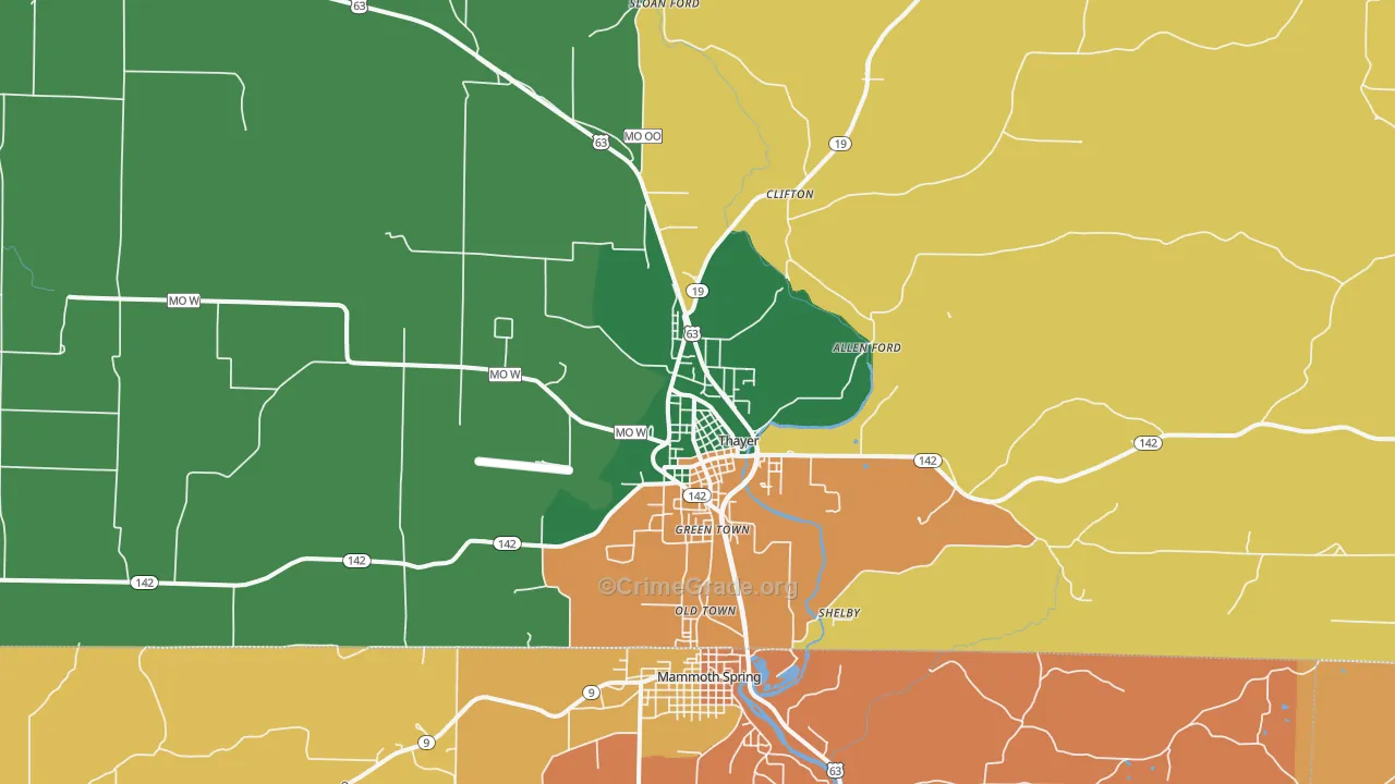 Thayer, MO Map of Assault Rates