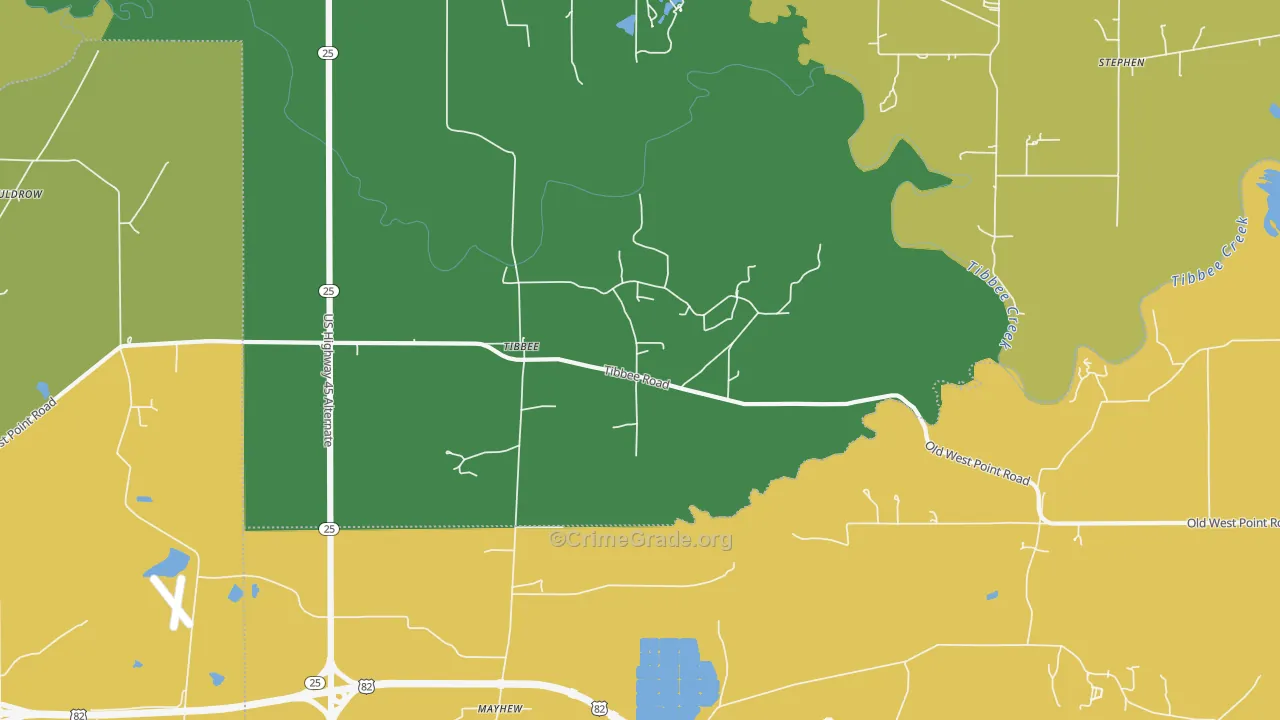 Tibbee, MS Map of Assault Rates
