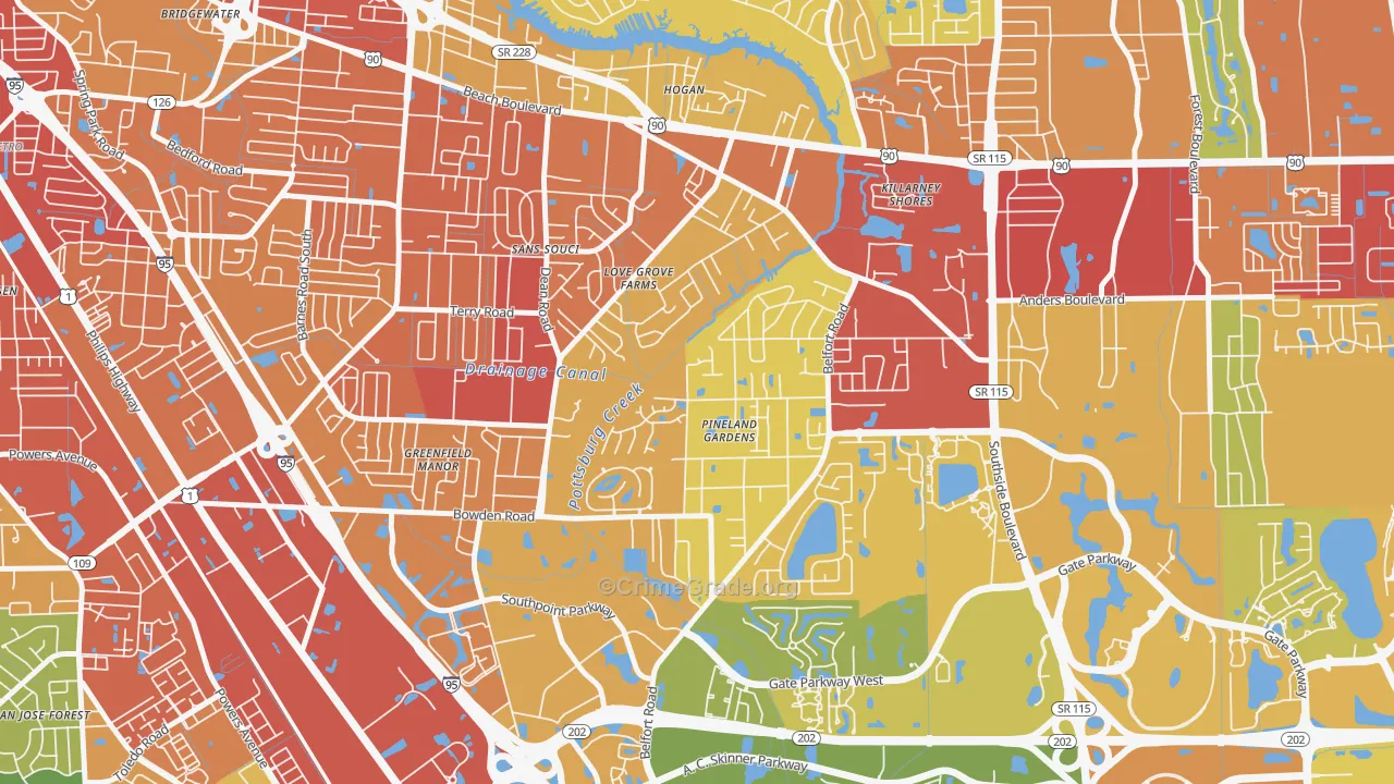 Tiger Hole-Secret Woods, Jacksonville, FL Map of Assault Rates