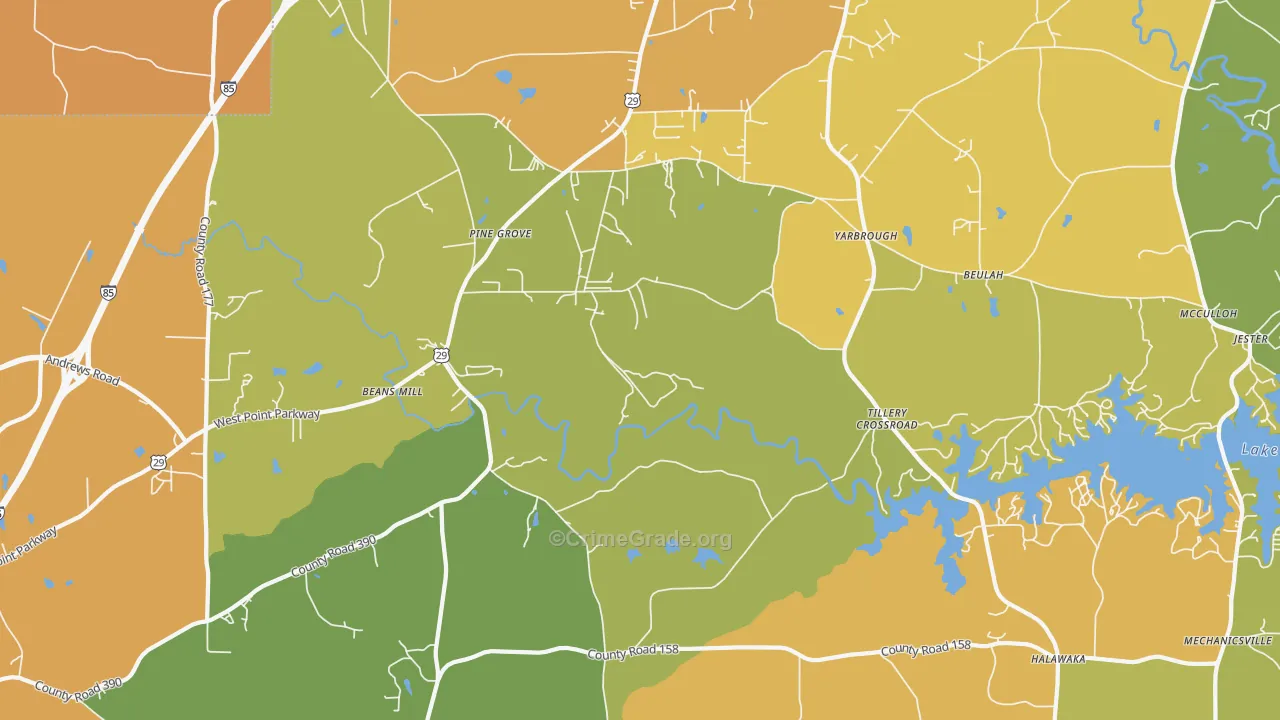 Tillery Crossroads, AL Map of Assault Rates