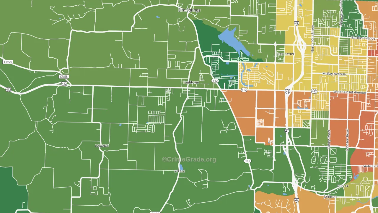 Tontitown, AR Map of Assault Rates