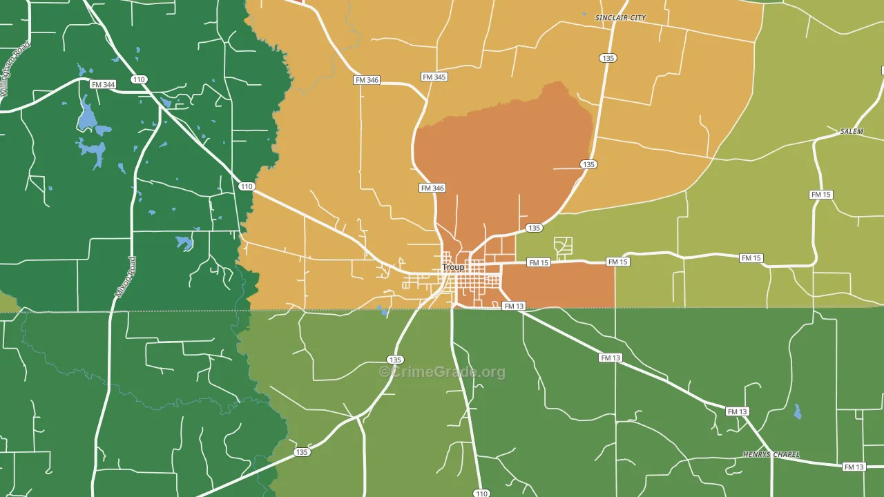 Troup, TX Map of Assault Rates