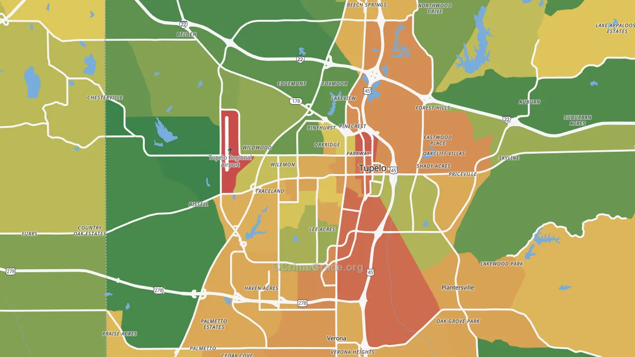 Tupelo, MS Map of Assault Rates