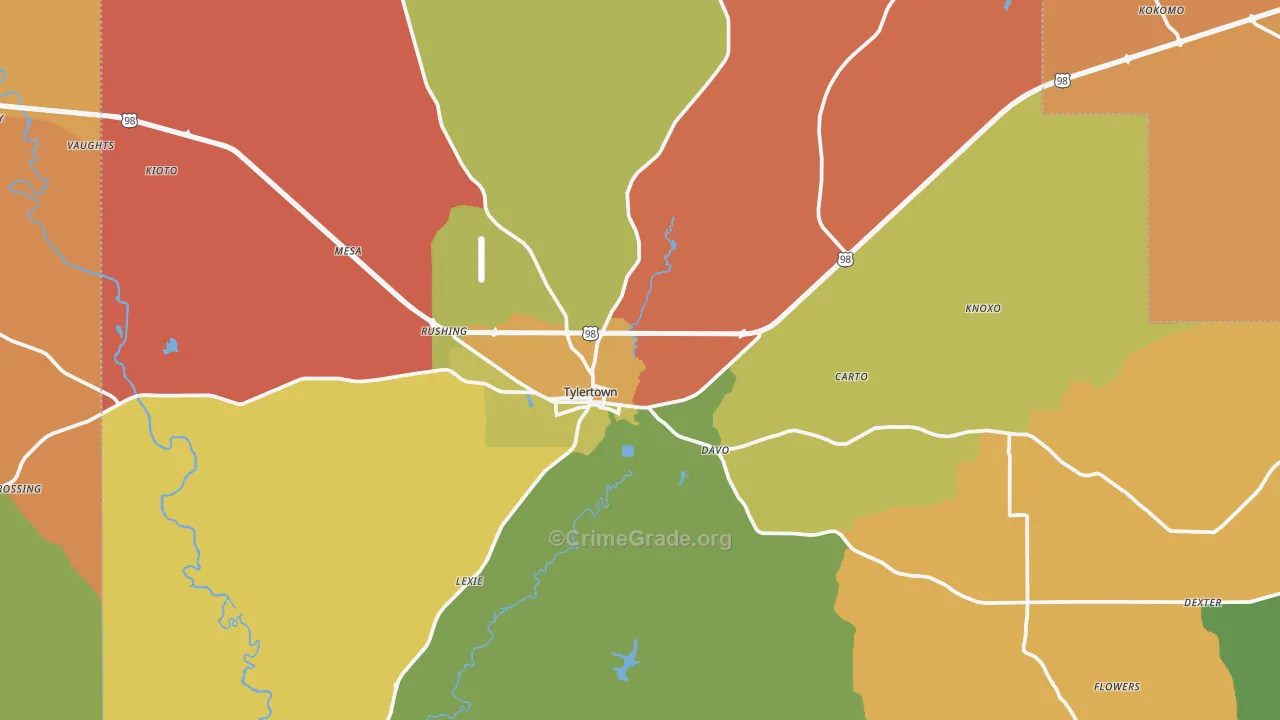Tylertown, MS Map of Assault Rates
