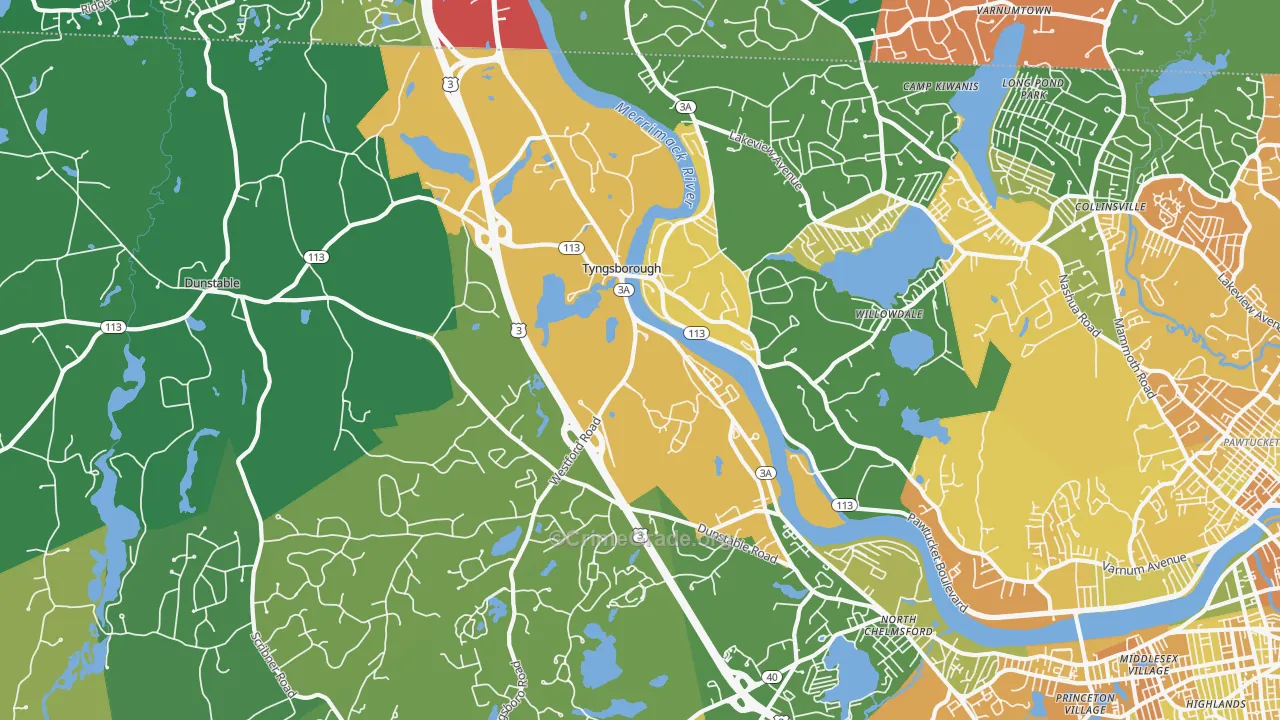 Tyngsboro, MA Map of Assault Rates