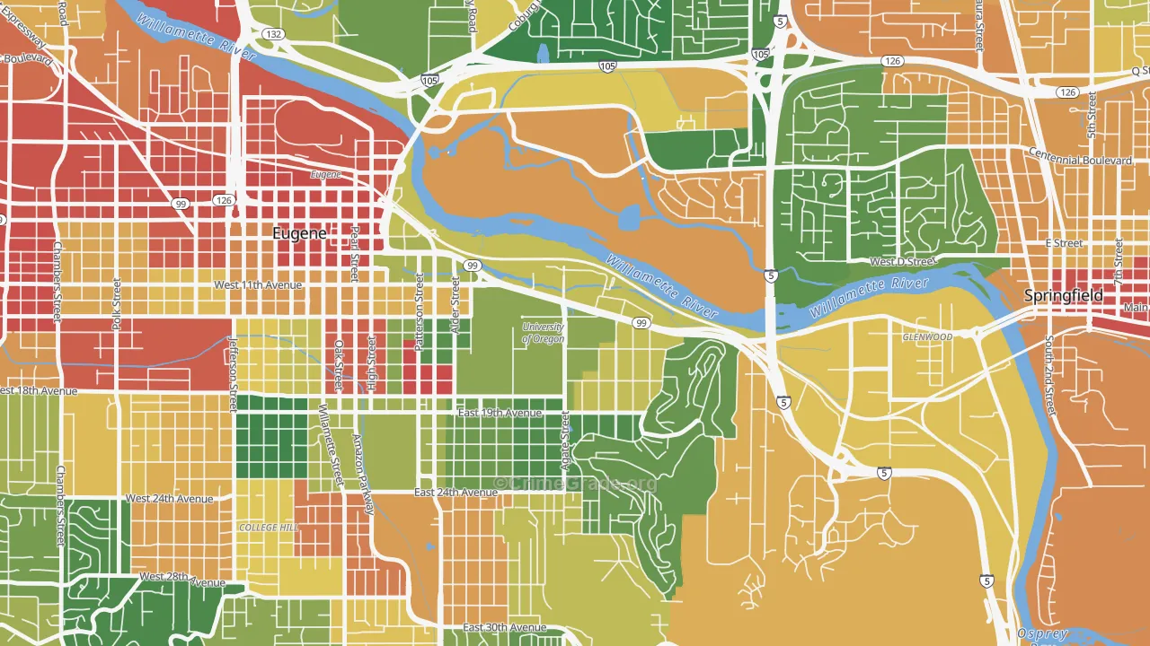 U of O Campus, Eugene, OR Map of Assault Rates