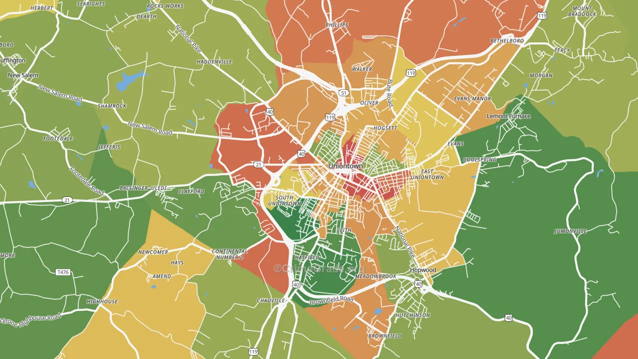Uniontown, PA Map of Assault Rates