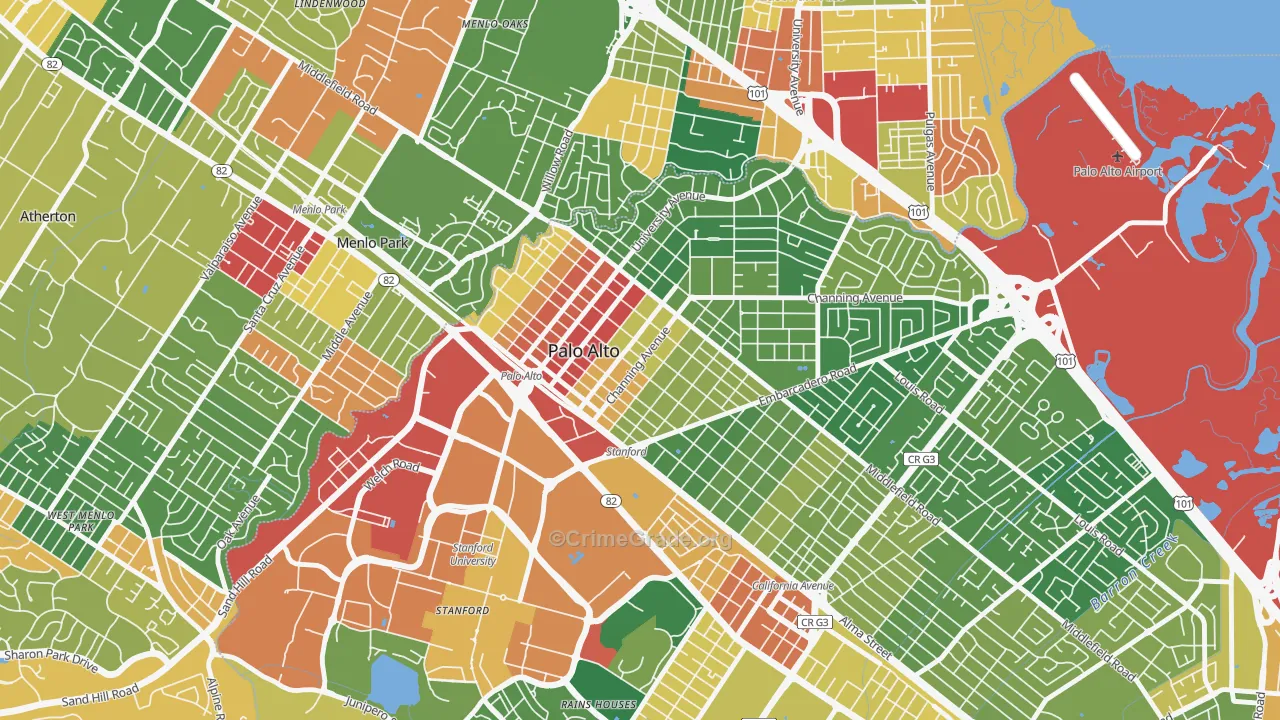 University South, Palo Alto, CA Map of Assault Rates