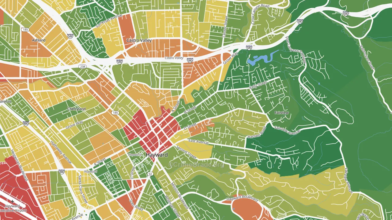 Upper B Street, Hayward, CA Map of Assault Rates