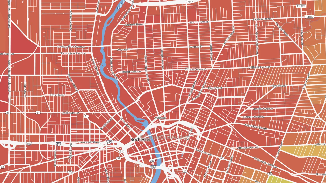 Upper Falls, Rochester, NY Map of Assault Rates