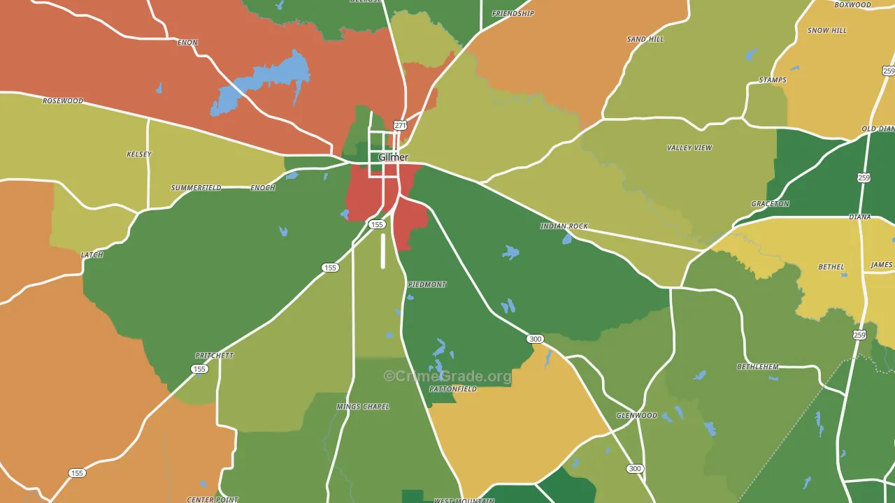 Upshur County, TX Map of Assault Rates