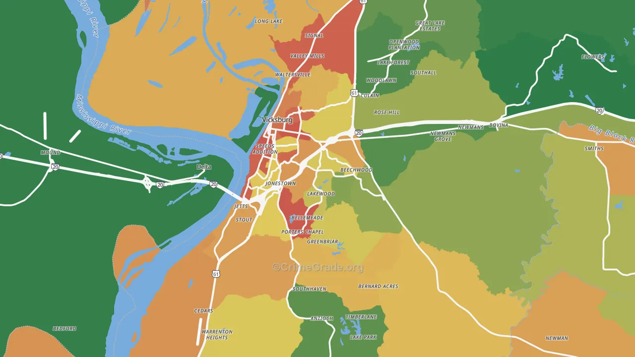 Vicksburg, MS Map of Assault Rates