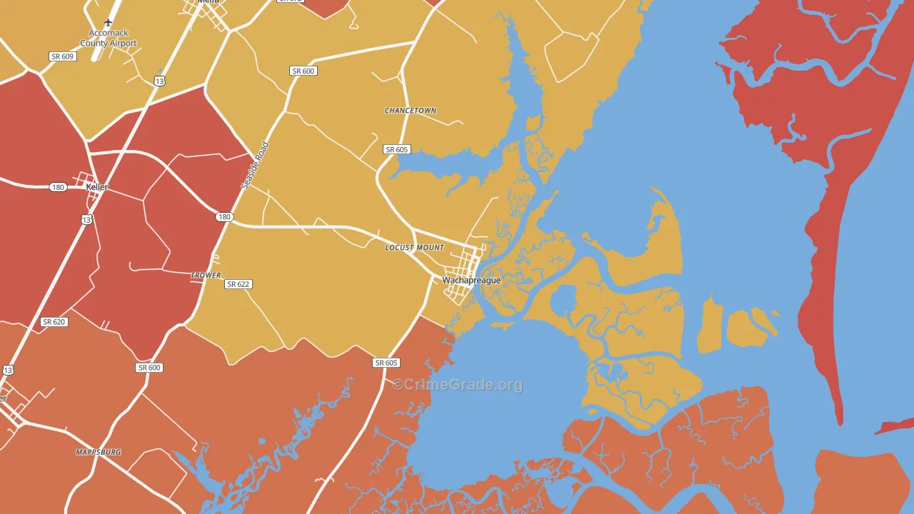 Wachapreague, VA Map of Assault Rates