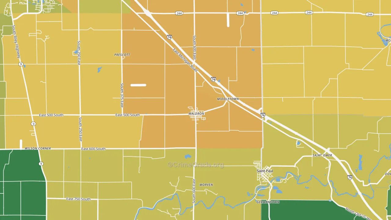 Waldron, IN Map of Assault Rates