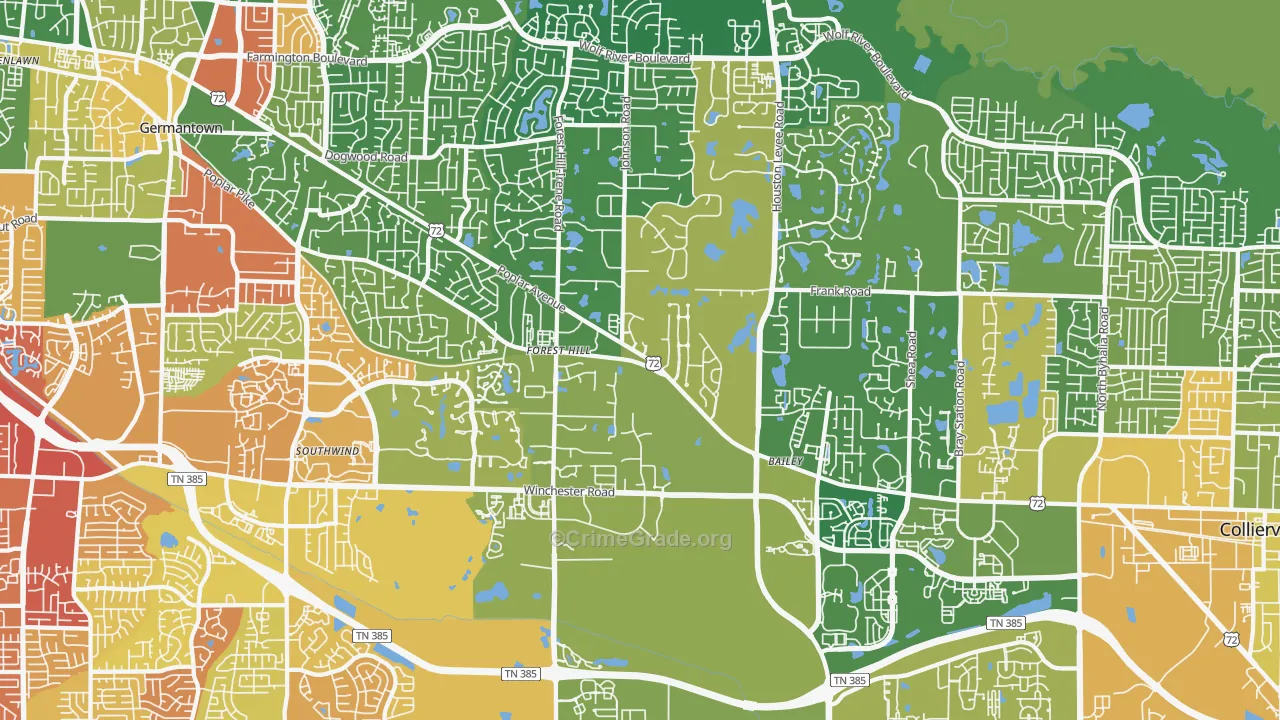 Walnut Grove - Shelby Farms PD, Germantown, TN Map of Assault Rates