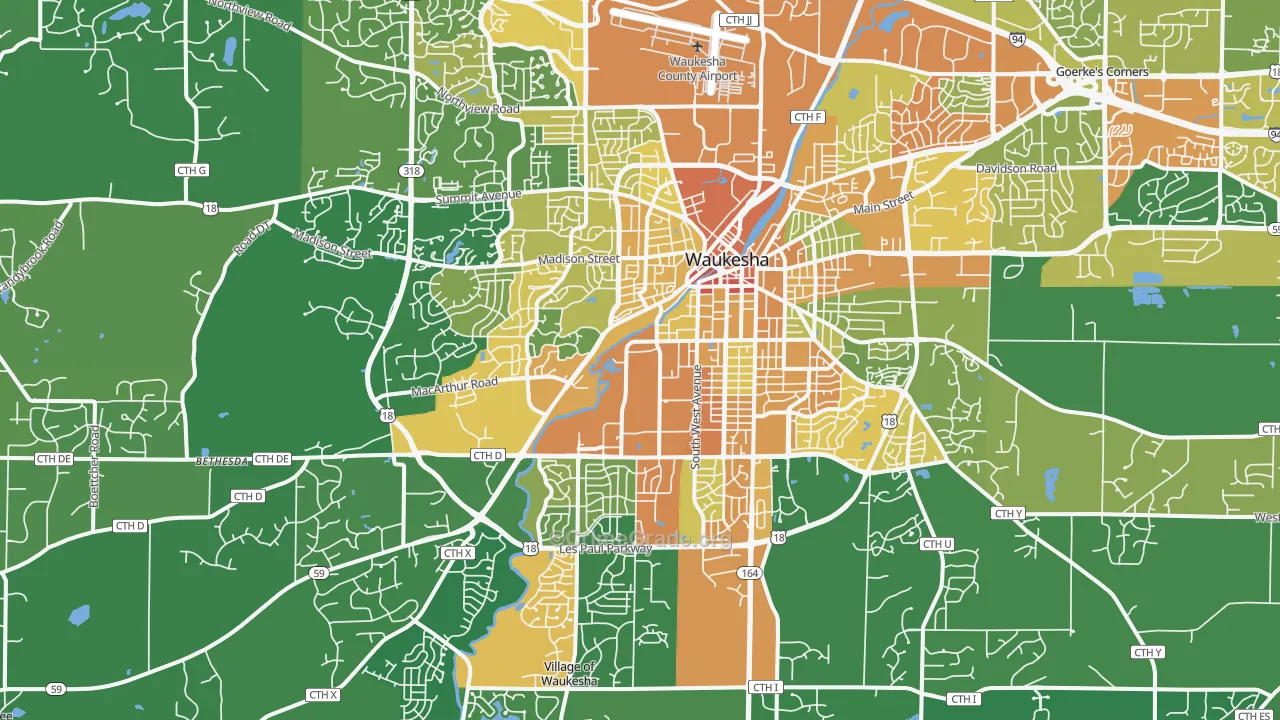 Waukesha, WI Map of Assault Rates