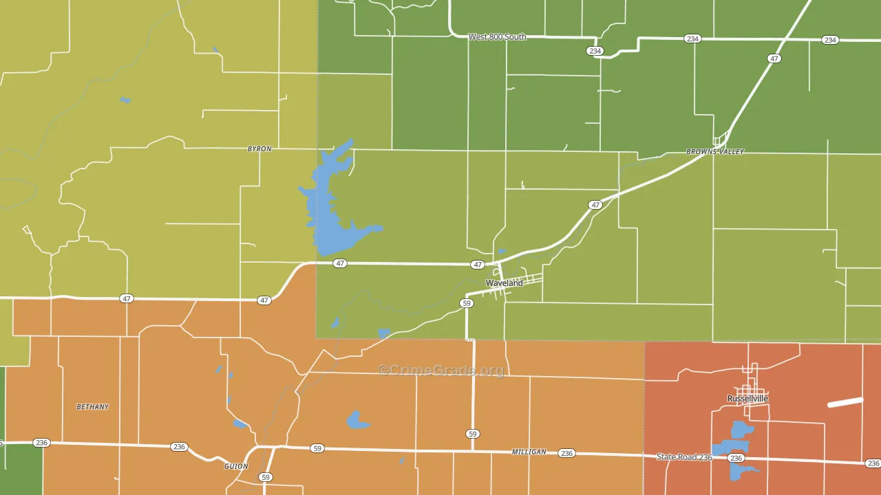 Waveland, IN Map of Assault Rates
