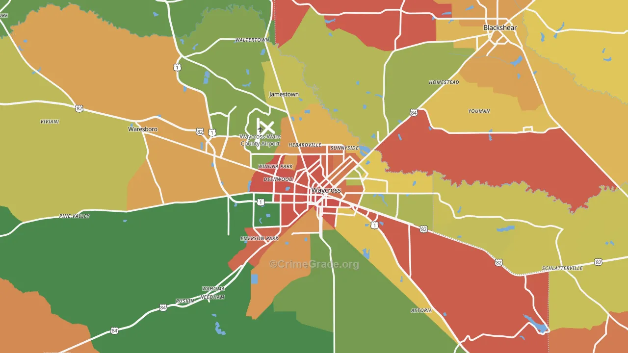 Waycross, GA Map of Assault Rates