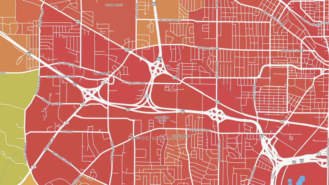 West Central Jackson, Jackson, MS Map of Assault Rates