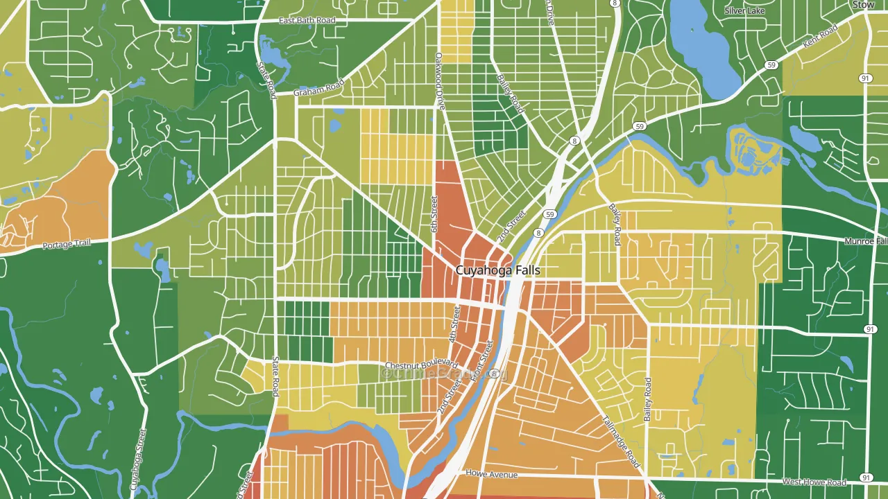 West Village, Cuyahoga Falls, OH Map of Assault Rates