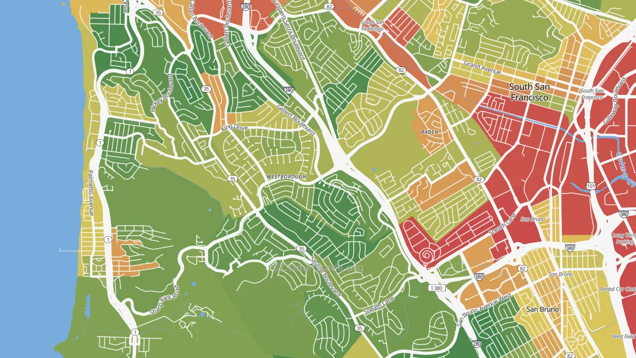 Westborough, South San Francisco, CA Map of Assault Rates