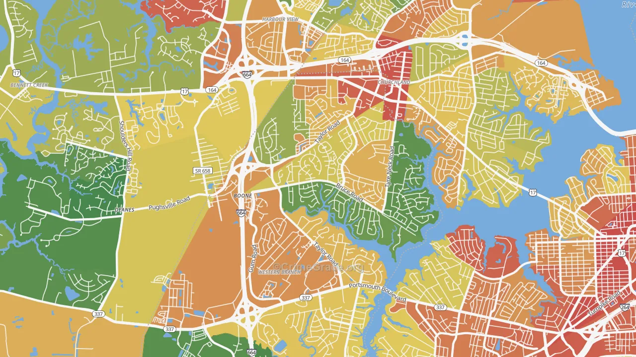 Western Branch North, Chesapeake, VA Map of Assault Rates