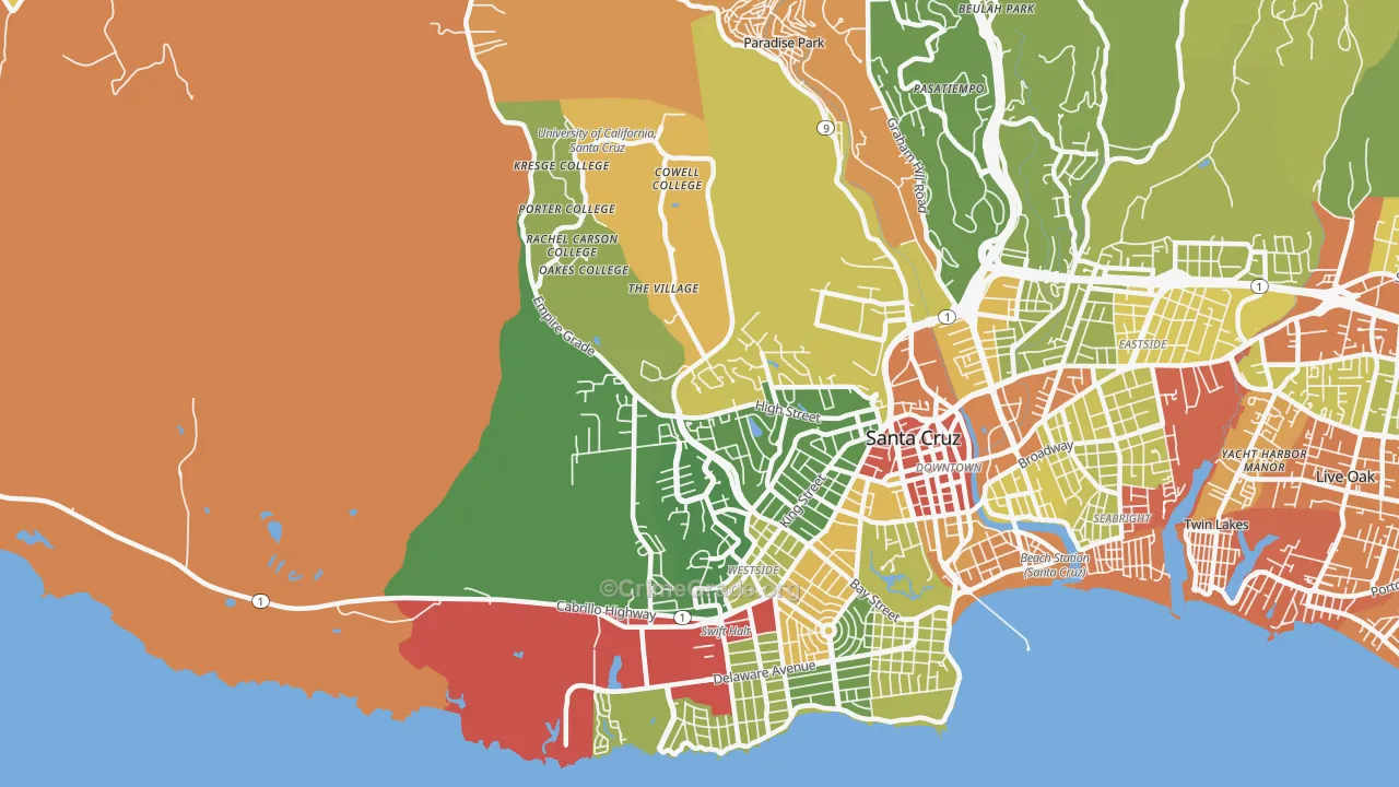Westside, Santa Cruz, CA Map of Assault Rates