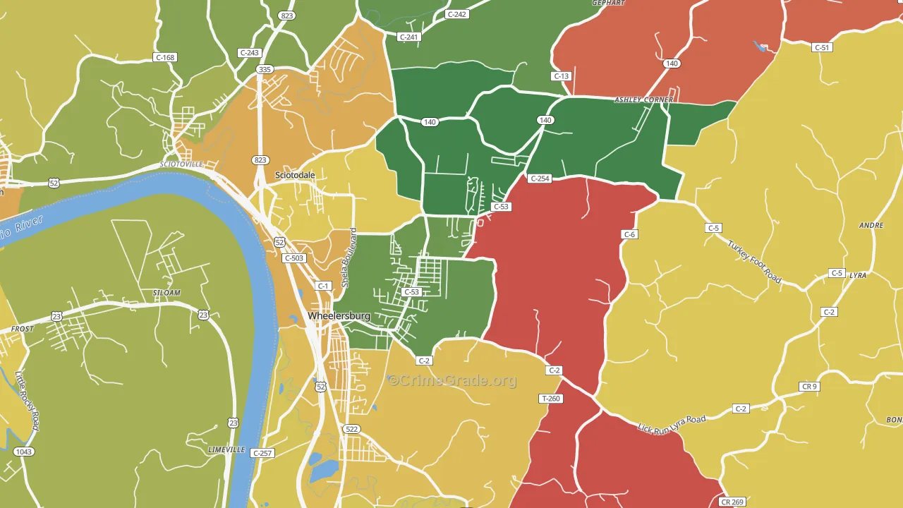 Wheelersburg, OH Map of Assault Rates