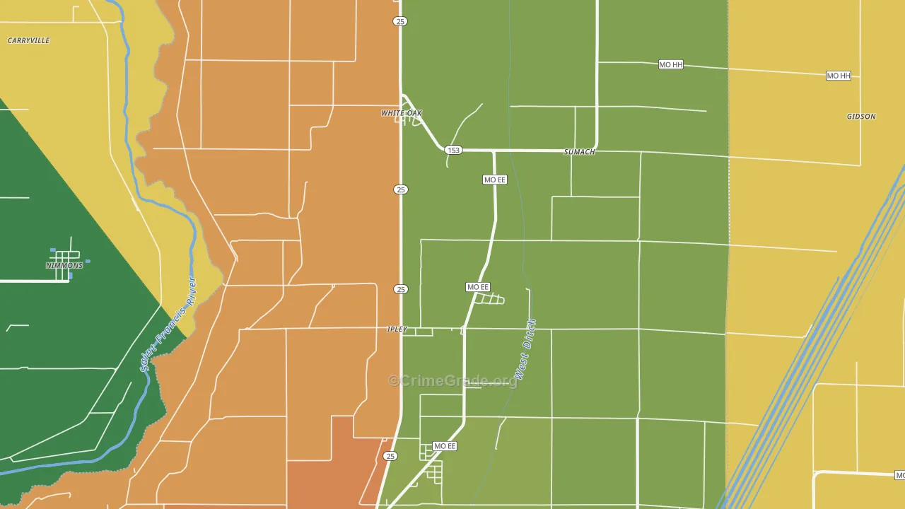Whiteoak, MO Map of Assault Rates