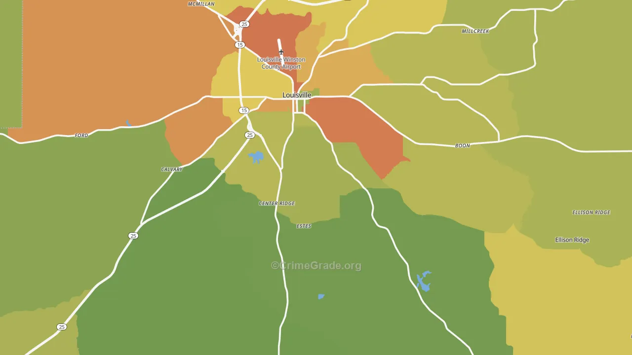 Winston County, MS Map of Assault Rates