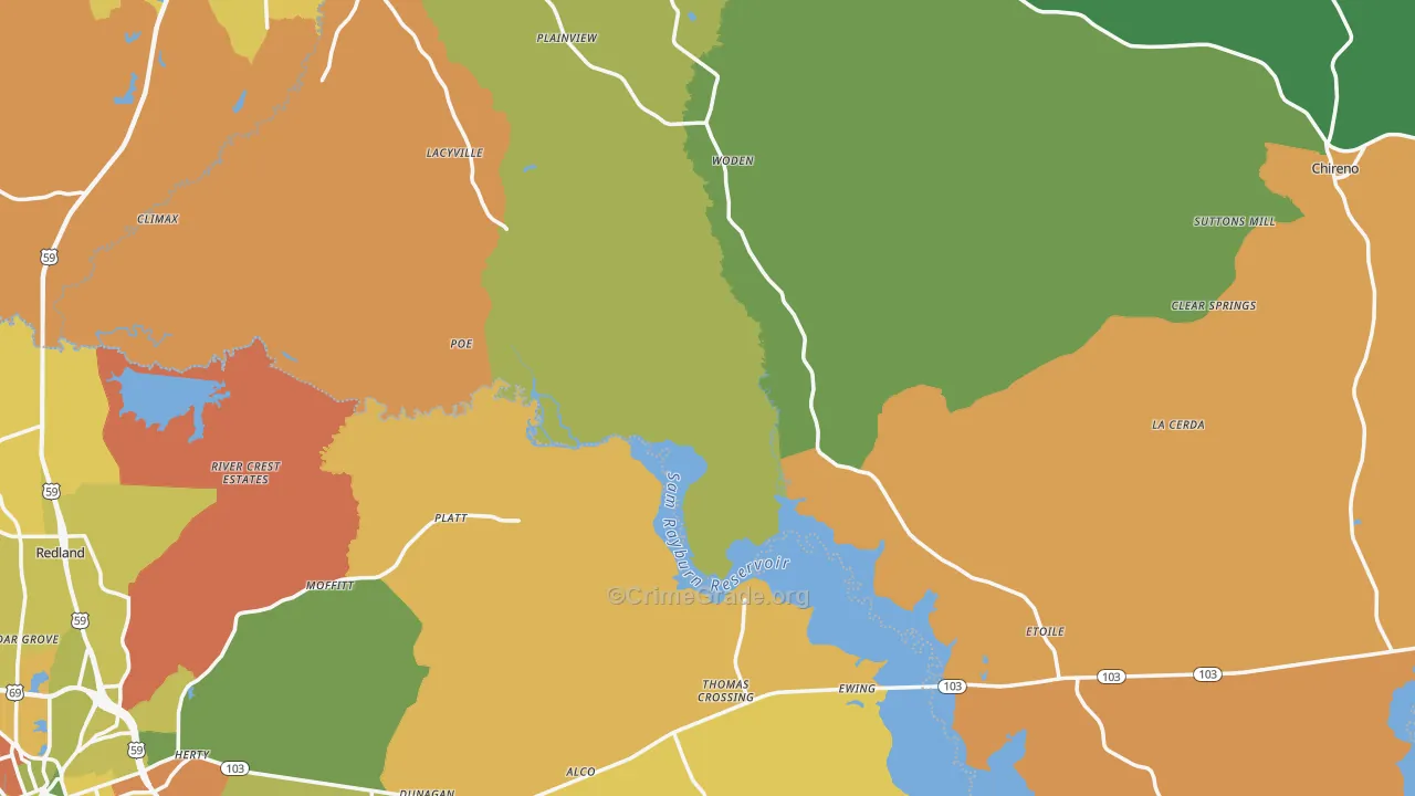Woden, TX Map of Assault Rates