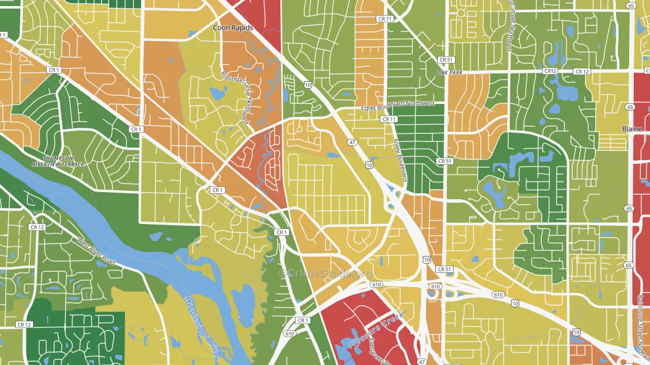 Woodcrest, Coon Rapids, MN Map of Assault Rates