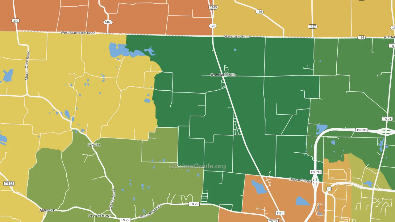 Woodland Mills, TN Map of Assault Rates