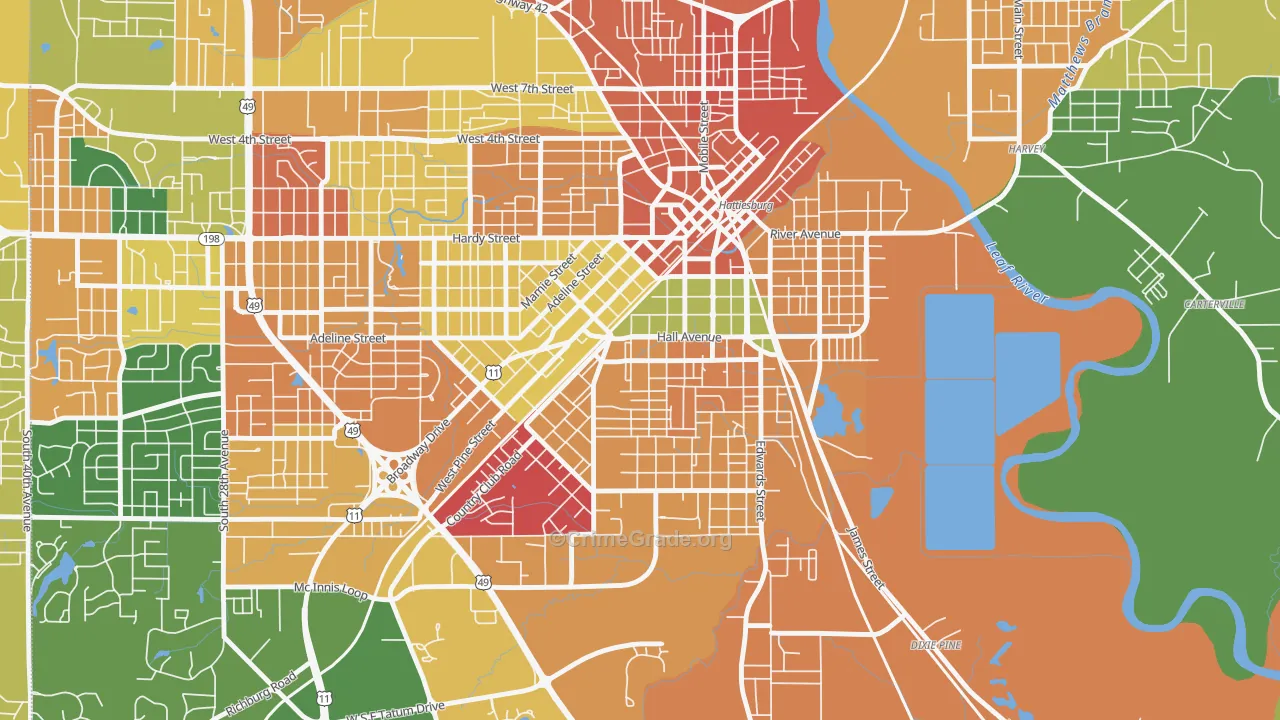 Woodlawn Court, Hattiesburg, MS Map of Assault Rates