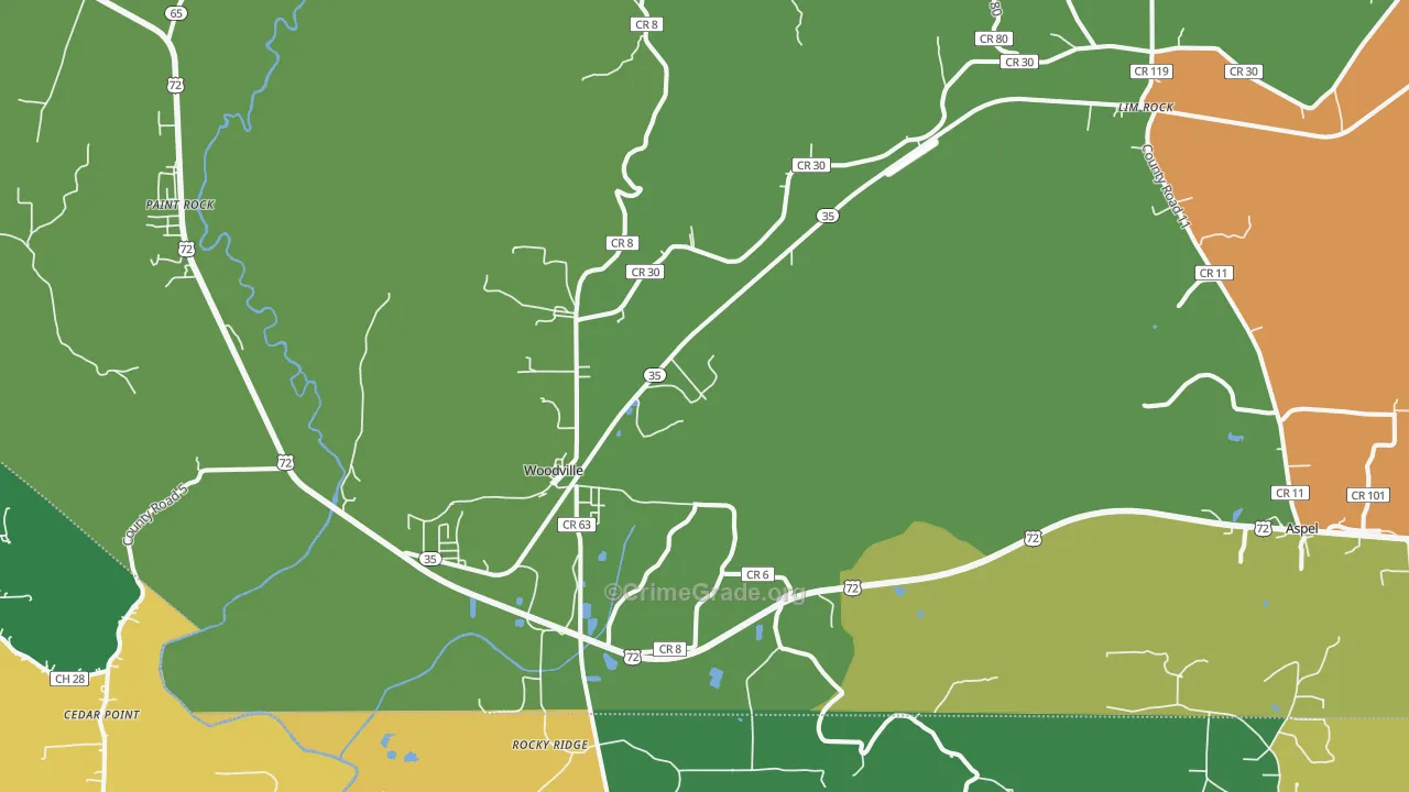 Woodville, AL Map of Assault Rates