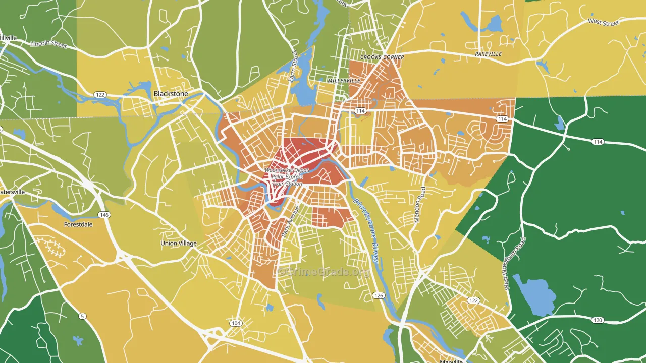 Woonsocket, RI Map of Assault Rates