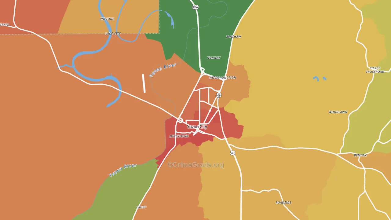 Yazoo City, MS Map of Assault Rates