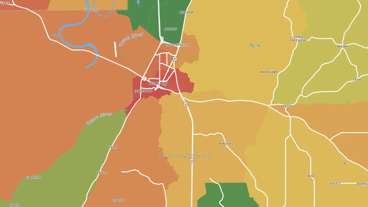 Yazoo County, MS Map of Assault Rates