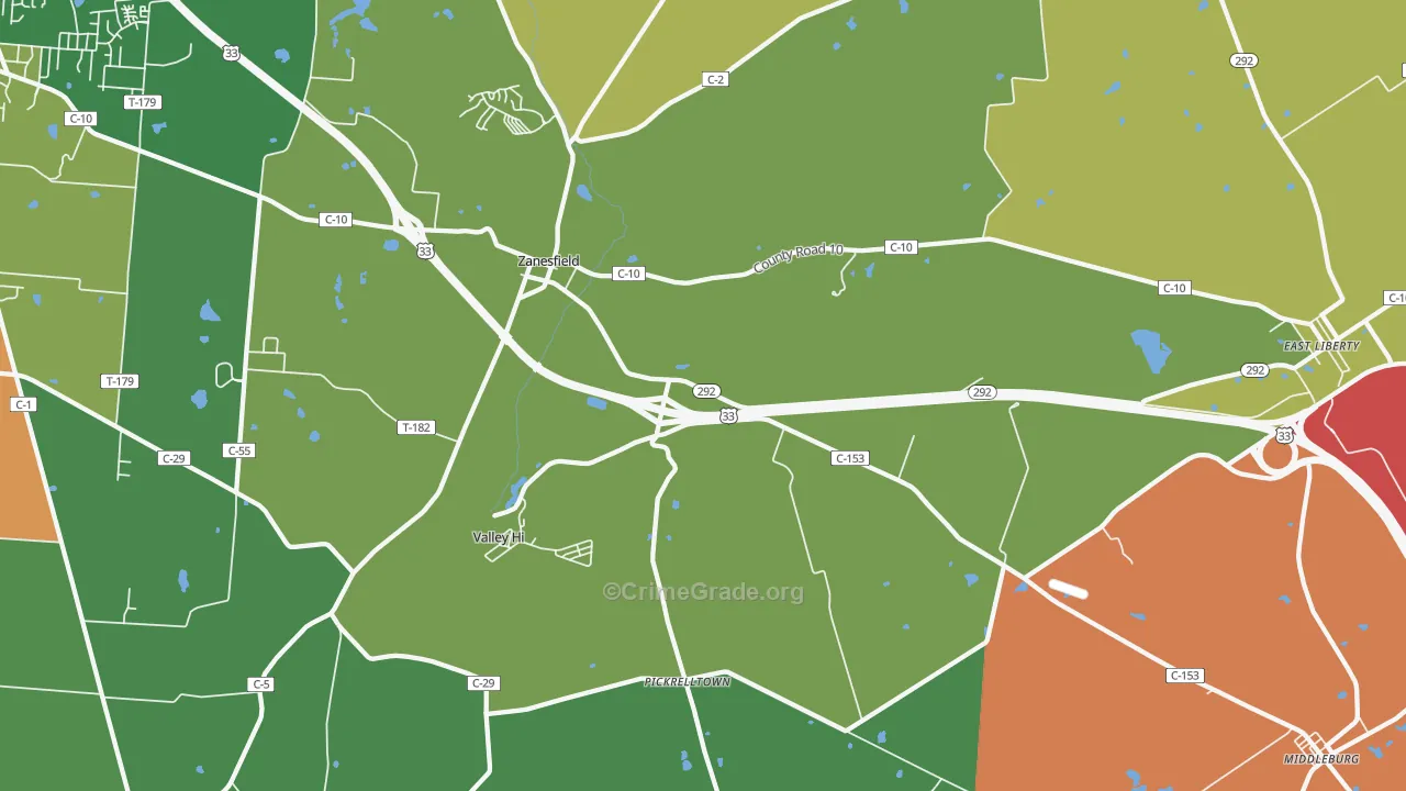 Zanesfield, OH Map of Assault Rates