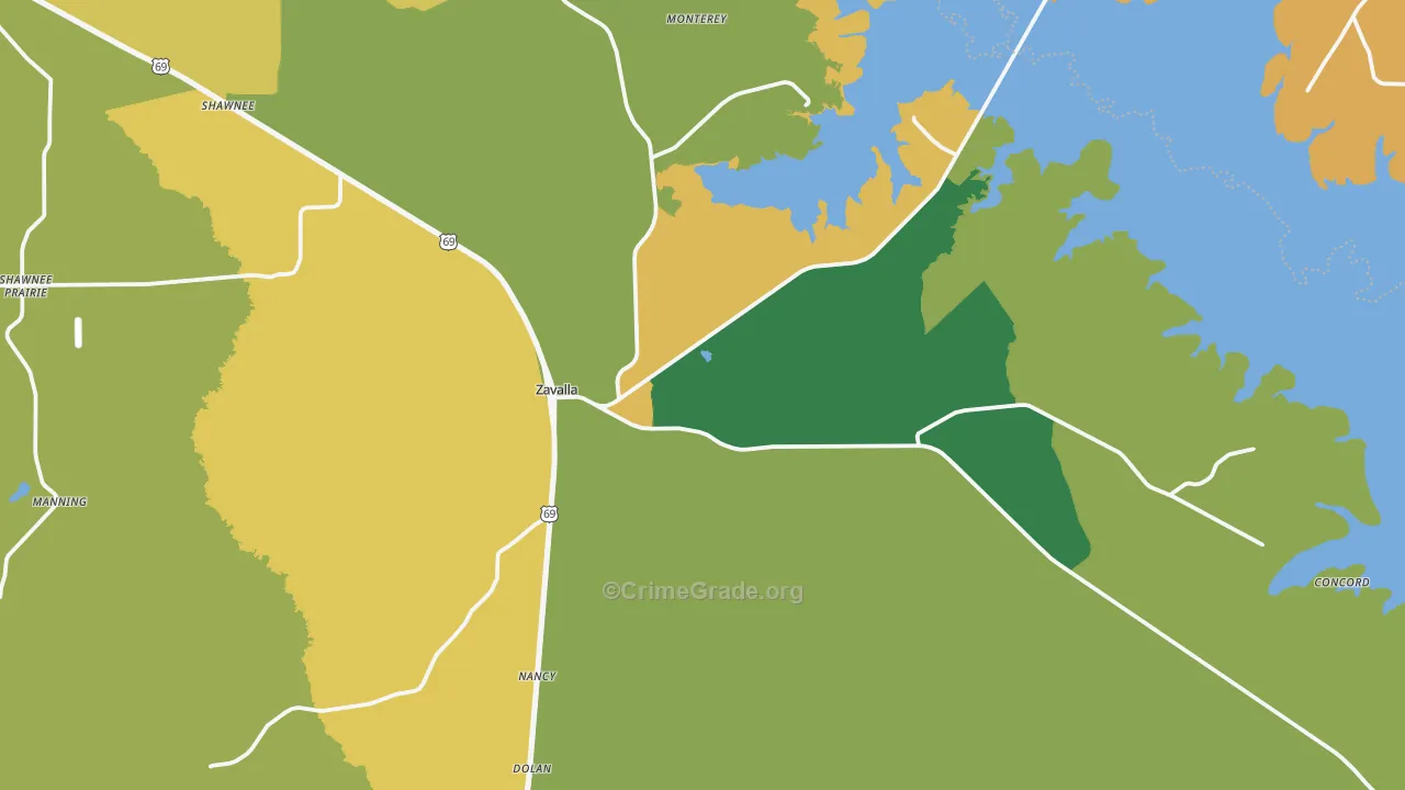 Zavalla, TX Map of Assault Rates