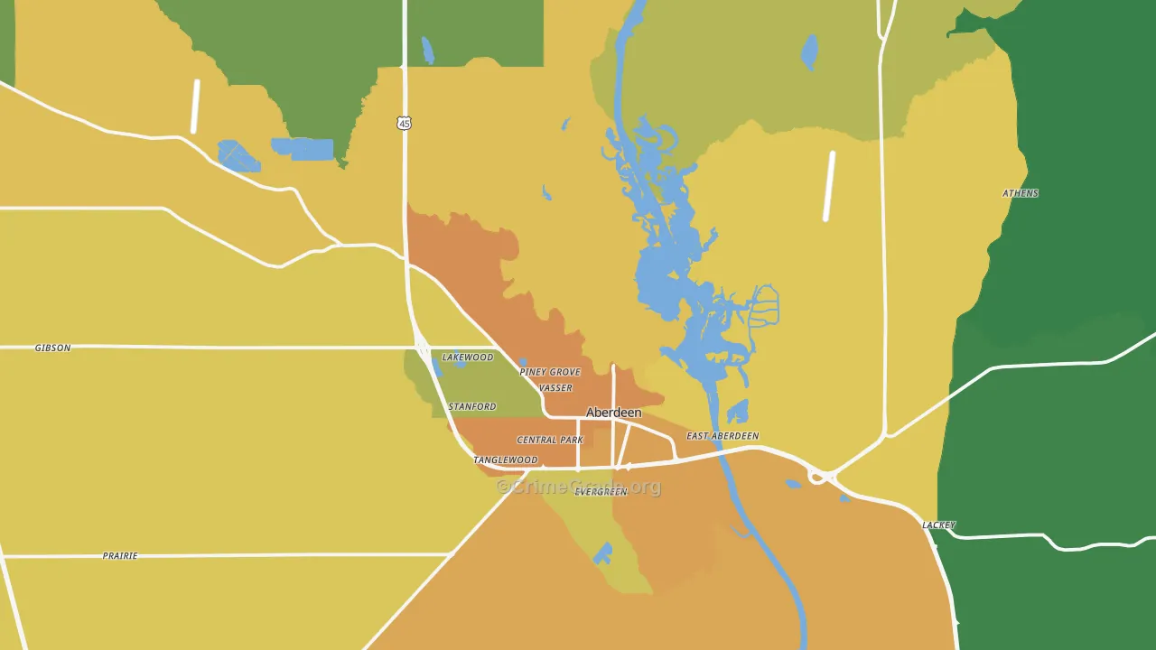 Aberdeen, MS Map of Burglary Rates
