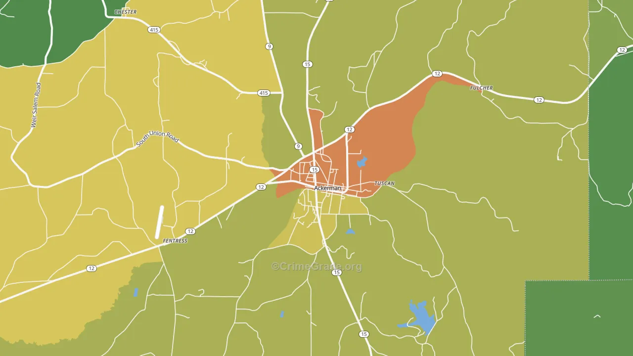 Ackerman, MS Map of Burglary Rates