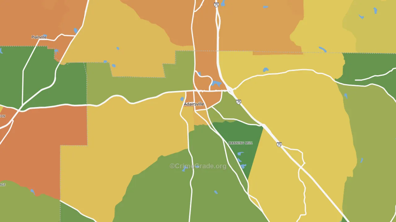 Adairsville, GA Map of Burglary Rates