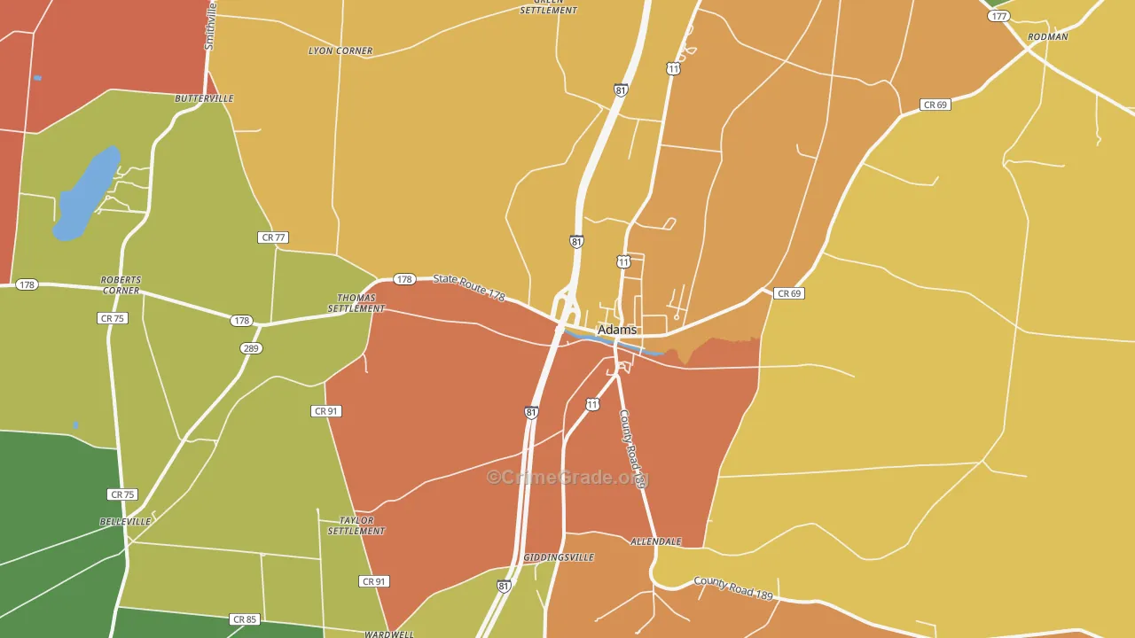 Adams, NY Map of Burglary Rates