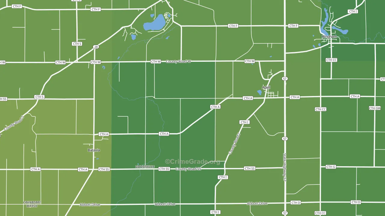 Adell, WI Map of Burglary Rates