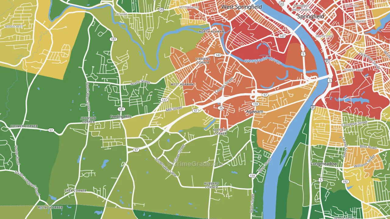 Agawam Town, MA Map of Burglary Rates